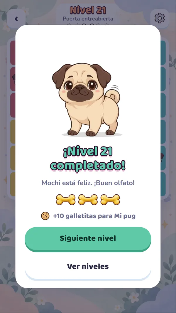 Nivel completado con tres huesitos de oro y su premio de galletitas